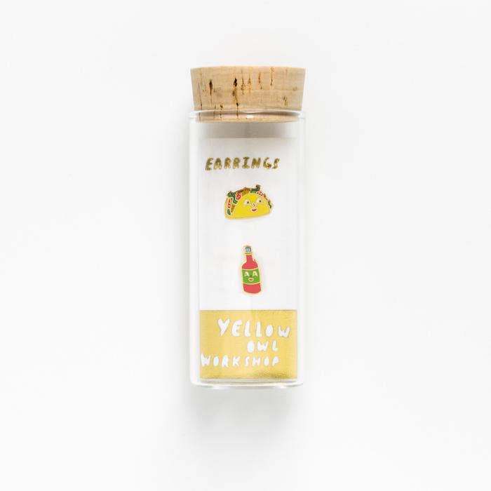 Taco and Hot Sauce Earrings - Gold Foodie Statement Studs