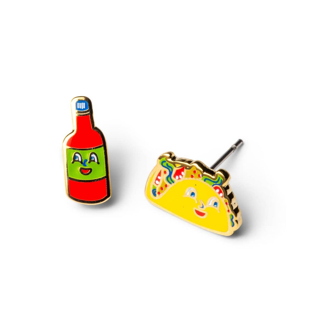 Taco and Hot Sauce Earrings - Gold Foodie Statement Studs